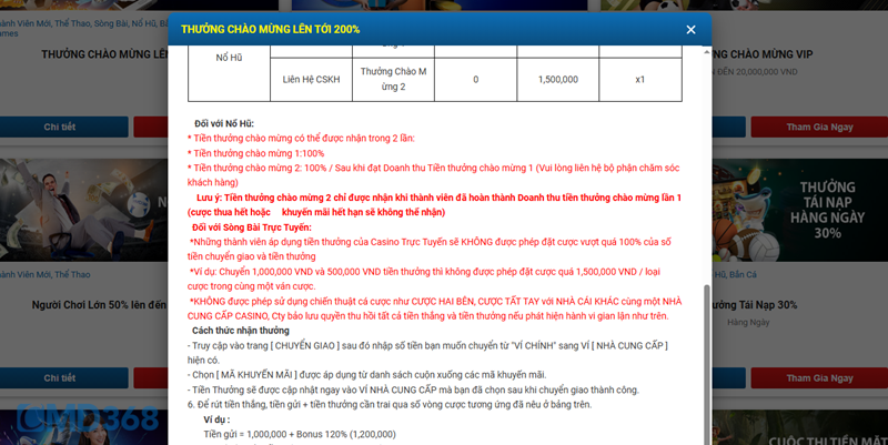 Các gói thưởng Chào Mừng tại CMD368